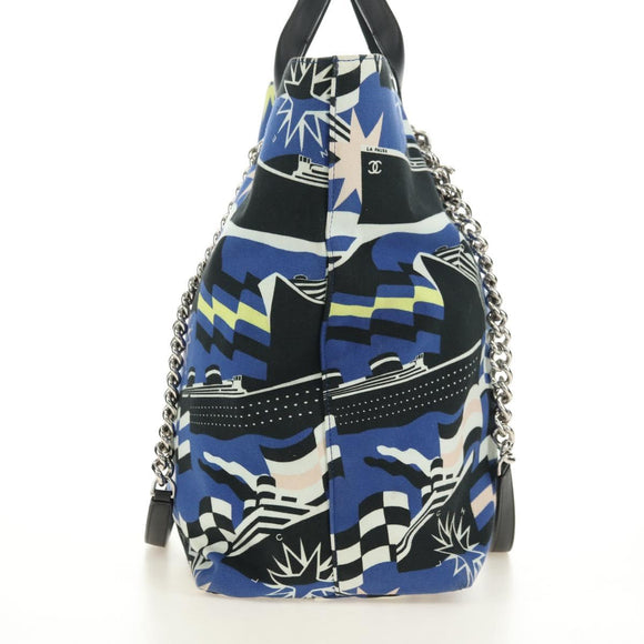 CHANEL La Pauza Hand Bag Canvas Leather 2way Blue Silver CC Auth ka4406SM
