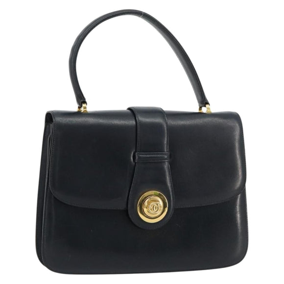 GUCCI Hand Bag Leather Navy Gold Auth ka4422