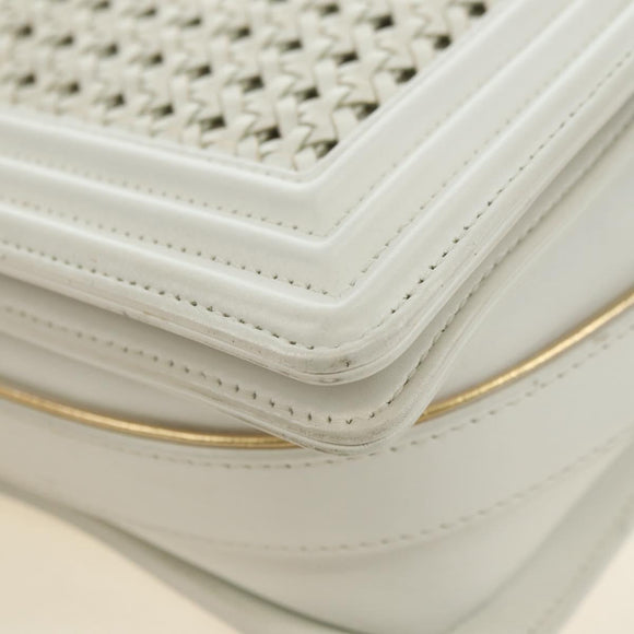 CHANEL Chain Boy Chanel Shoulder Bag Leather White Gold CC Auth ka4428V