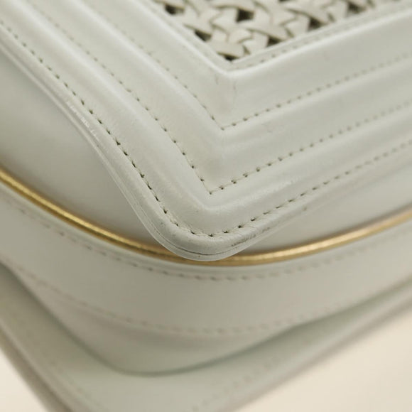 CHANEL Chain Boy Chanel Shoulder Bag Leather White Gold CC Auth ka4428V