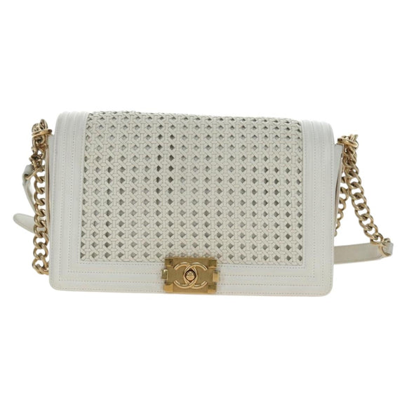 CHANEL Chain Boy Chanel Shoulder Bag Leather White Gold CC Auth ka4428V