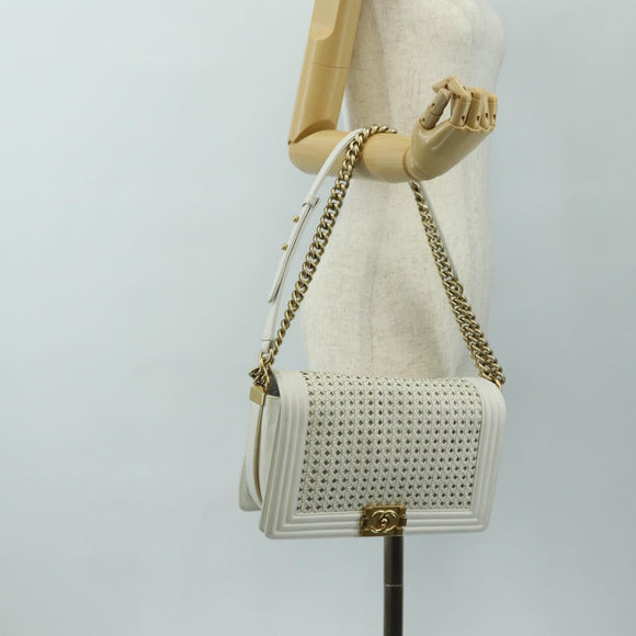 CHANEL Chain Boy Chanel Shoulder Bag Leather White Gold CC Auth ka4428V
