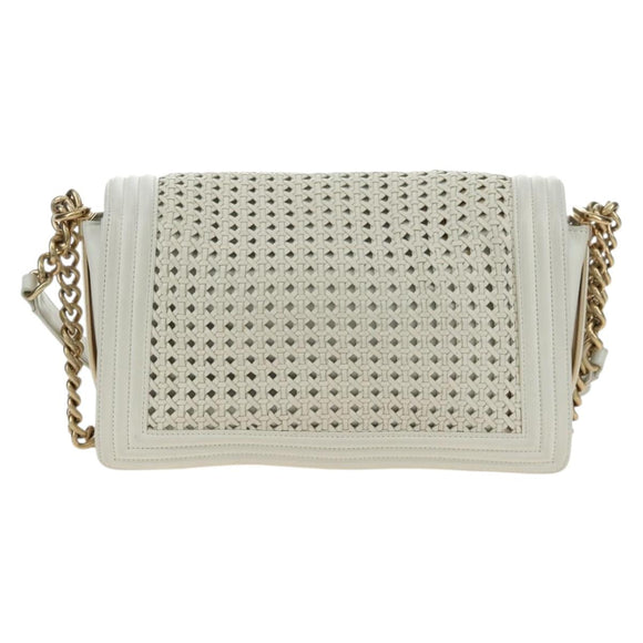 CHANEL Chain Boy Chanel Shoulder Bag Leather White Gold CC Auth ka4428V