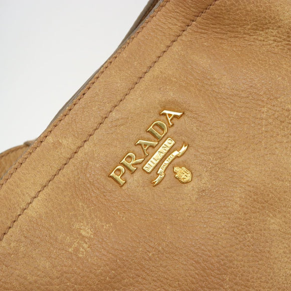 PRADA Schoudertas Leer Beige Goud Auth ka4438A