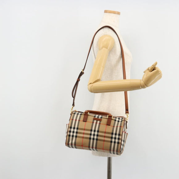 BURBERRY Nova Check Hand Bag Canvas 2way Beige Gold Auth ka4439