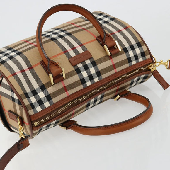 BURBERRY Nova Check Hand Bag Canvas 2way Beige Gold Auth ka4439