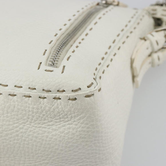 FENDI Celeria Chain Shoulder Bag Leather White Silver Auth ka4444A