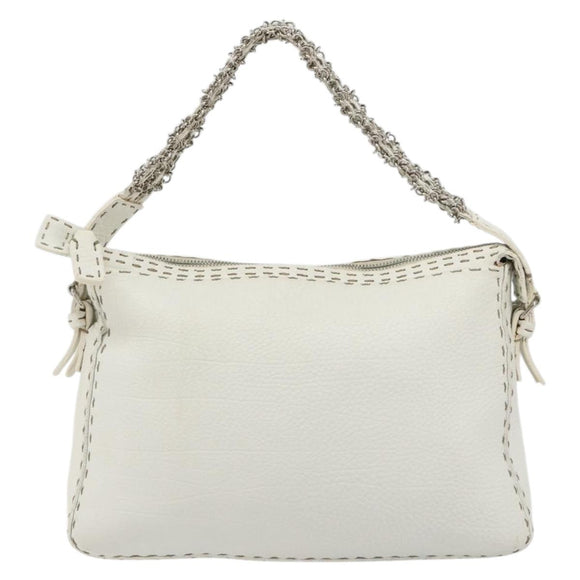 FENDI Celeria Chain Shoulder Bag Leather White Silver Auth ka4444A