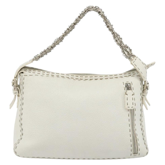 FENDI Celeria Chain Shoulder Bag Leather White Silver Auth ka4444A