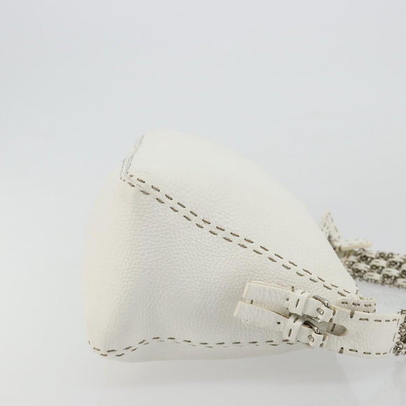FENDI Celeria Chain Shoulder Bag Leather White Silver Auth ka4444A