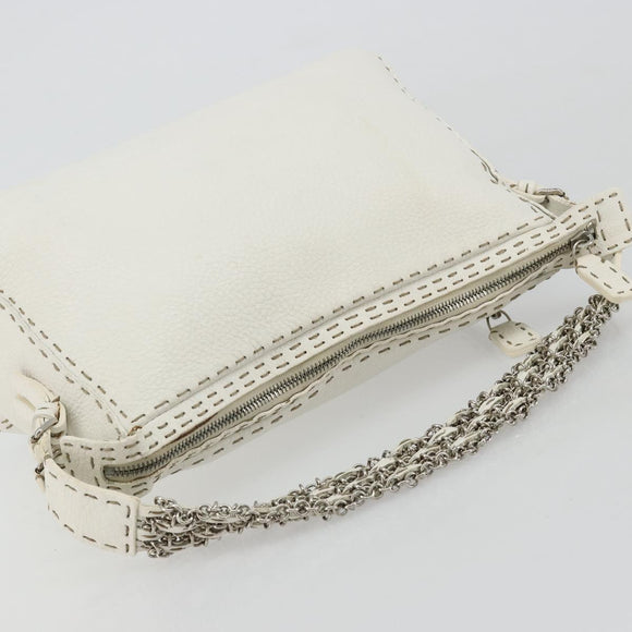 FENDI Celeria Chain Shoulder Bag Leather White Silver Auth ka4444A