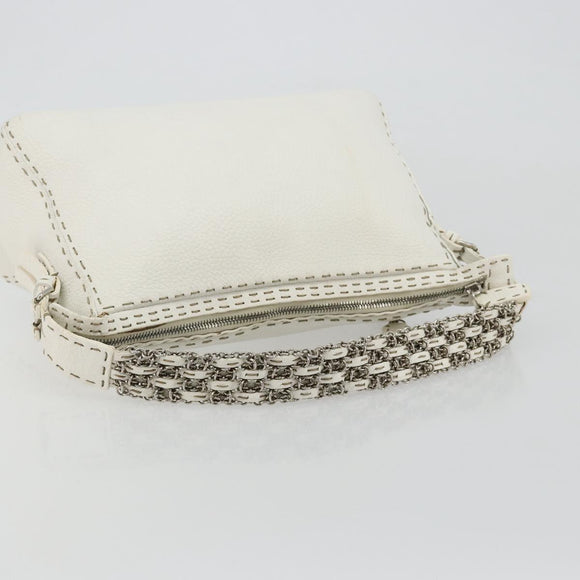 FENDI Celeria Chain Shoulder Bag Leather White Silver Auth ka4444A