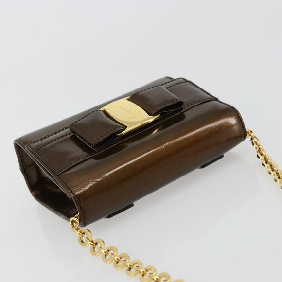 Salvatore Ferragamo Vala Chain Bag Patent leather Bronze Gold Auth ka4455