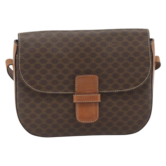 CELINE Macadam Canvas Shoulder Bag PVC Leather Brown Gold Auth ka4468