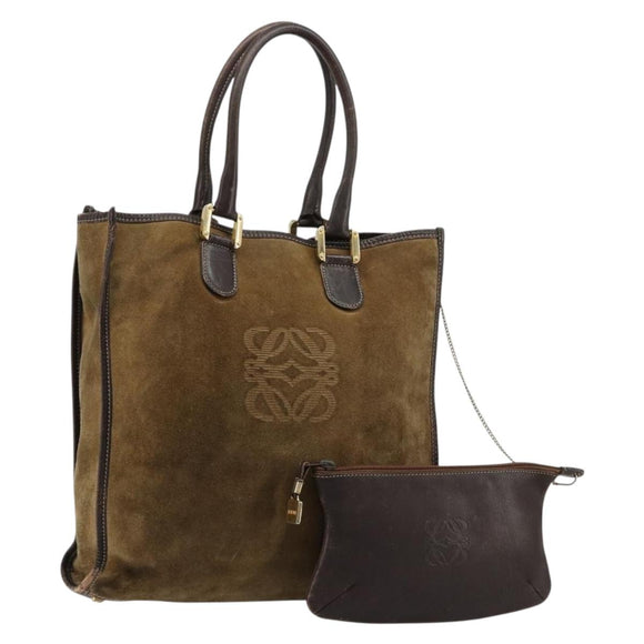 LOEWE Anagram Hand Bag Suede Leather Beige Gold Auth ka4480