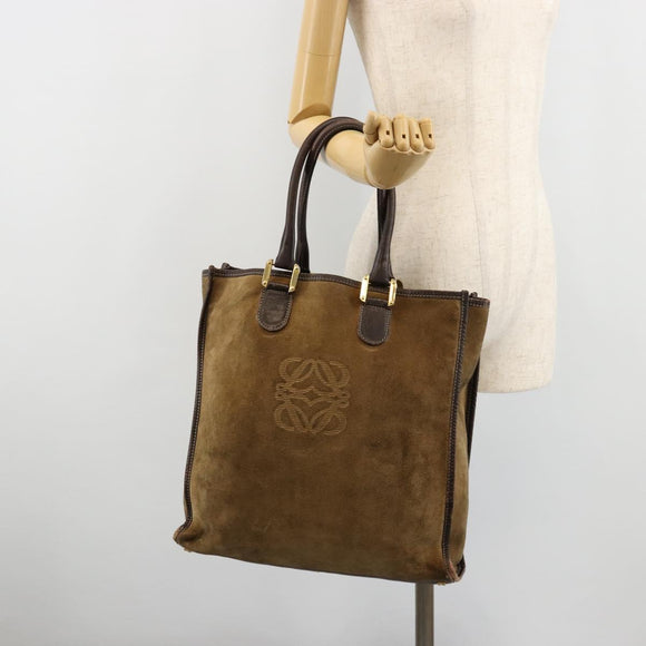 LOEWE Anagram Hand Bag Suede Leather Beige Gold Auth ka4480