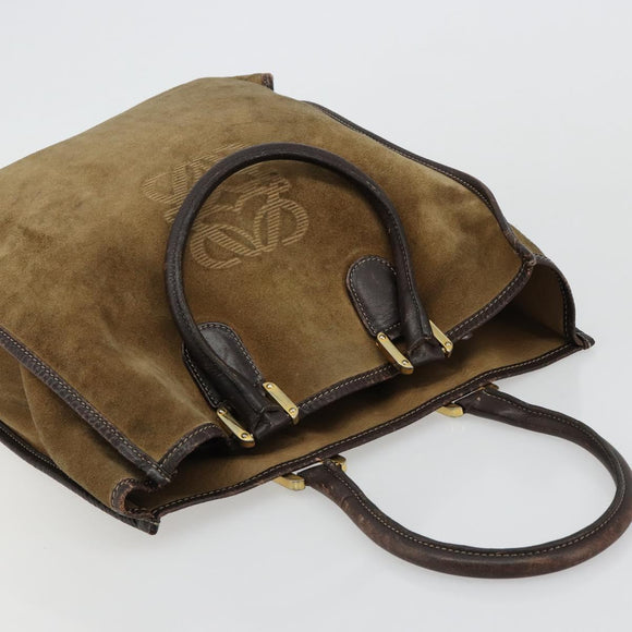 LOEWE Anagram Hand Bag Suede Leather Beige Gold Auth ka4480