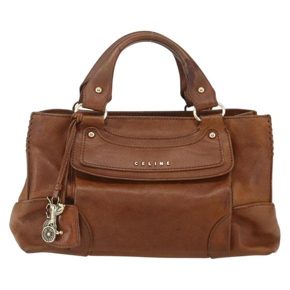 CELINE Hand Bag Leather Brown Gold Auth ka449