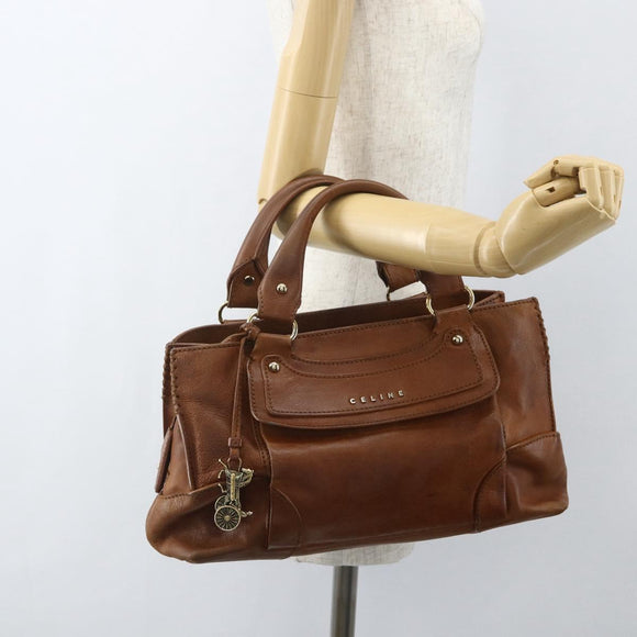 CELINE Hand Bag Leather Brown Gold Auth ka449