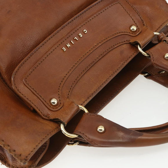 CELINE Hand Bag Leather Brown Gold Auth ka449