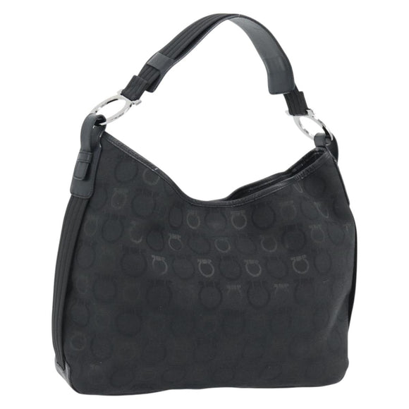 Salvatore Ferragamo Gancini Shoulder Bag Canvas Black Silver Auth ka4493A