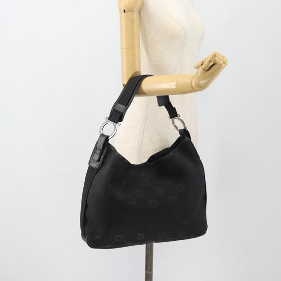 Salvatore Ferragamo Gancini Shoulder Bag Canvas Black Silver Auth ka4493A