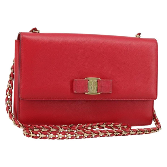 Salvatore Ferragamo Vala Chain Shoulder Bag Leather Red Gold Auth ka4496