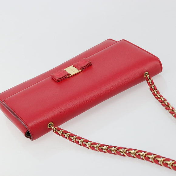 Salvatore Ferragamo Vala Chain Shoulder Bag Leather Red Gold Auth ka4496