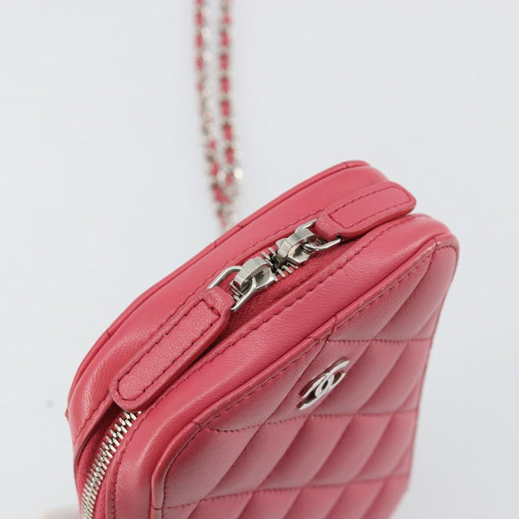 CHANEL Phone Pouch Lamb Skin Pink Silver CC Auth ka4502M