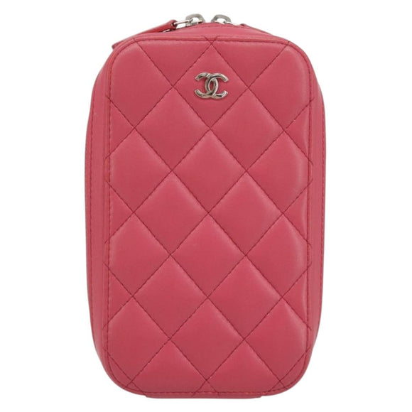 CHANEL Phone Pouch Lamb Skin Pink Silver CC Auth ka4502M
