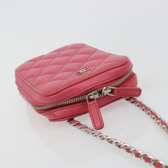 CHANEL Phone Pouch Lamb Skin Pink Silver CC Auth ka4502M