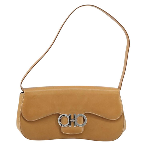 Salvatore Ferragamo Gancini Shoulder Bag Leather Beige Silver Auth ka4519A