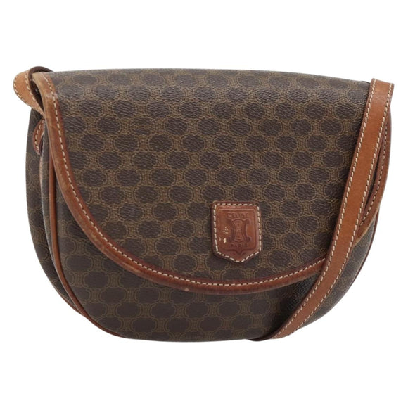 CELINE Macadam Canvas Shoulder Bag PVC Leather Brown Gold Auth ka4520