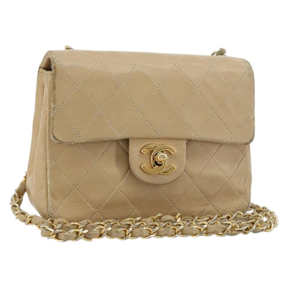 CHANEL Mini Matelasse Chain Shoulder Bag Lamb Skin Beige Gold CC Auth ka4523A