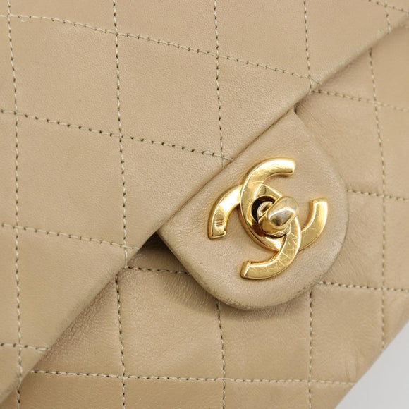 CHANEL Mini Matelasse Chain Shoulder Bag Lamb Skin Beige Gold CC Auth ka4523A