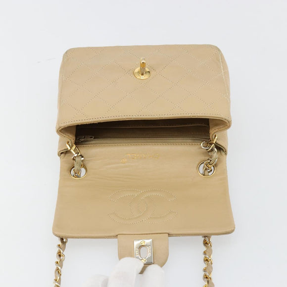 CHANEL Mini Matelasse Chain Shoulder Bag Lamb Skin Beige Gold CC Auth ka4523A