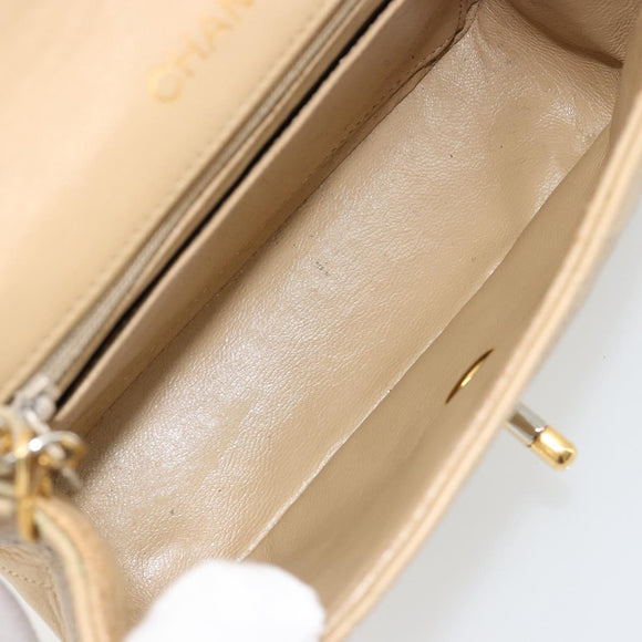CHANEL Mini Matelasse Chain Shoulder Bag Lamb Skin Beige Gold CC Auth ka4523A