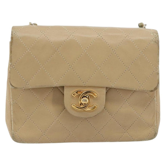 CHANEL Mini Matelasse Chain Shoulder Bag Lamb Skin Beige Gold CC Auth ka4523A