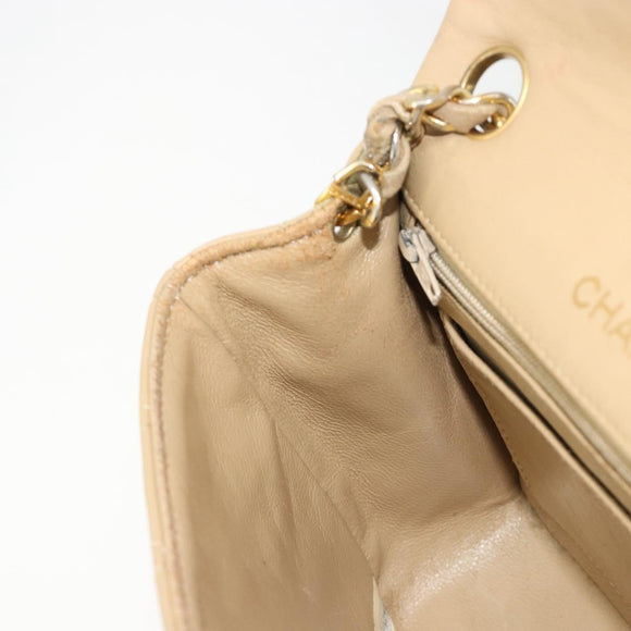 CHANEL Mini Matelasse Chain Shoulder Bag Lamb Skin Beige Gold CC Auth ka4523A