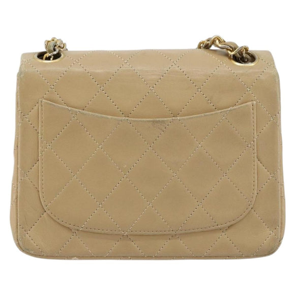 CHANEL Mini Matelasse Chain Shoulder Bag Lamb Skin Beige Gold CC Auth ka4523A