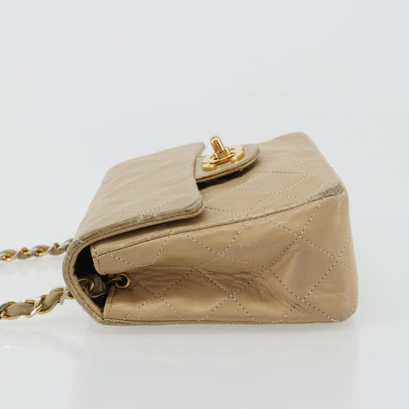 CHANEL Mini Matelasse Chain Shoulder Bag Lamb Skin Beige Gold CC Auth ka4523A