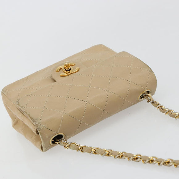 CHANEL Mini Matelasse Chain Shoulder Bag Lamb Skin Beige Gold CC Auth ka4523A