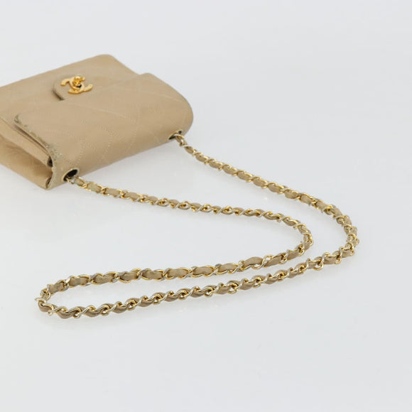CHANEL Mini Matelasse Chain Shoulder Bag Lamb Skin Beige Gold CC Auth ka4523A