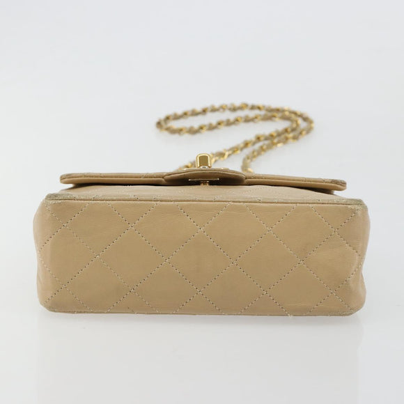 CHANEL Mini Matelasse Chain Shoulder Bag Lamb Skin Beige Gold CC Auth ka4523A