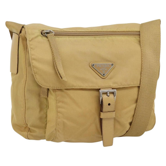 PRADA Shoulder Bag Nylon Beige Silver Auth ka4526A