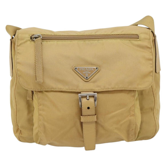 PRADA Shoulder Bag Nylon Beige Silver Auth ka4526A