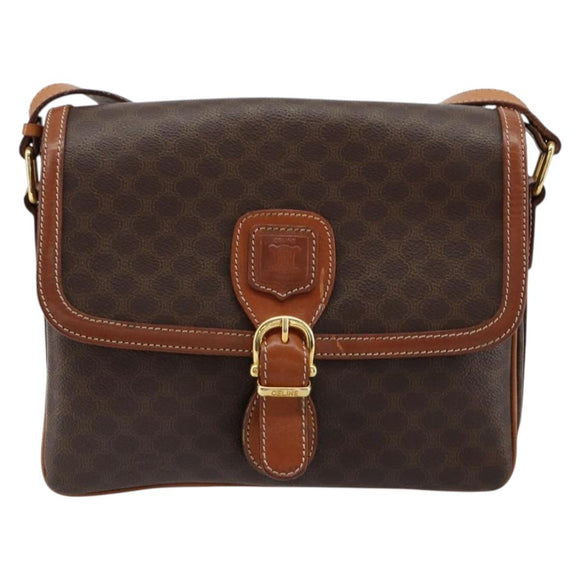 CELINE Macadam Canvas Shoulder Bag PVC Leather Brown Gold Auth ka4540A