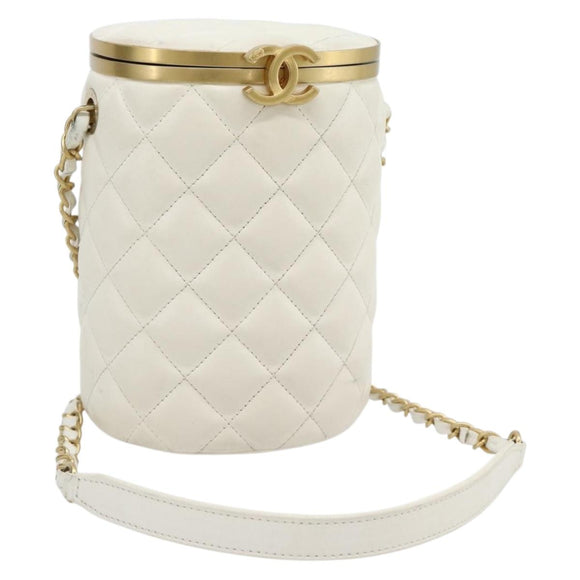 CHANEL Chain Shoulder Bag Lamb Skin White Gold CC Auth ka4545M