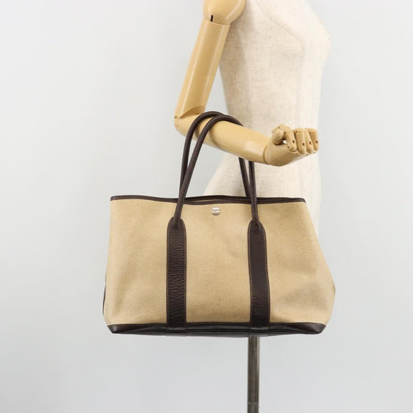 HERMES Garden Party PM Hand Bag Canvas Toile Officier Brown Silver Auth ka4555