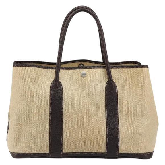 HERMES Garden Party PM Hand Bag Canvas Toile Officier Brown Silver Auth ka4555